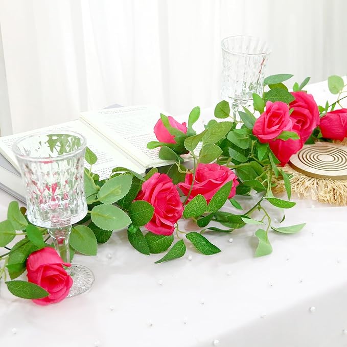 Felice Arts 2 Pack Hot Pink Artificial Floral Garland Each 6.5FT Fake Rose Vine Hanging Rose Garland for Wedding Flowers Table Centerpiece Arrangement Room Baby Shower Teepee Mirror Decor