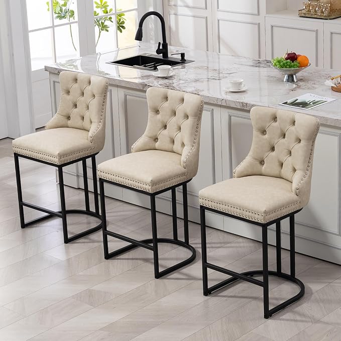 UVV Counter Height Bar Stools Set of 3, 26" Modern Barstools with Back, Faux Leather Upholstery Counter Chairs with Metal Legs for Kitchen Island, Bar, Counter, Beige