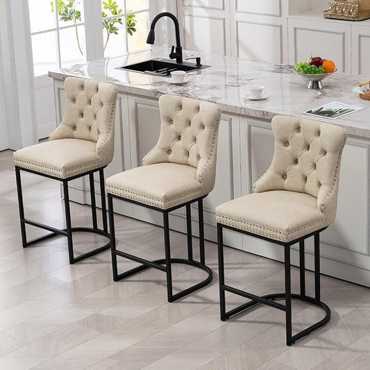 UVV Counter Height Bar Stools Set of 3, 26" Modern Barstools with Back, Faux Leather Upholstery Counter Chairs with Metal Legs for Kitchen Island, Bar, Counter, Beige