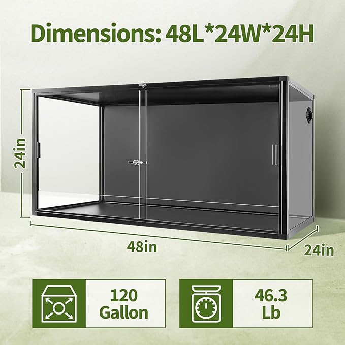 120 Gallon Reptile Tank, Large Terrarium for Bearded Dragons, Snakes, Leopard Geckos, Sliding Door & Top Ventilation, 48" x 24" x 24" Easy-to-Maintain Reptile Enclosure