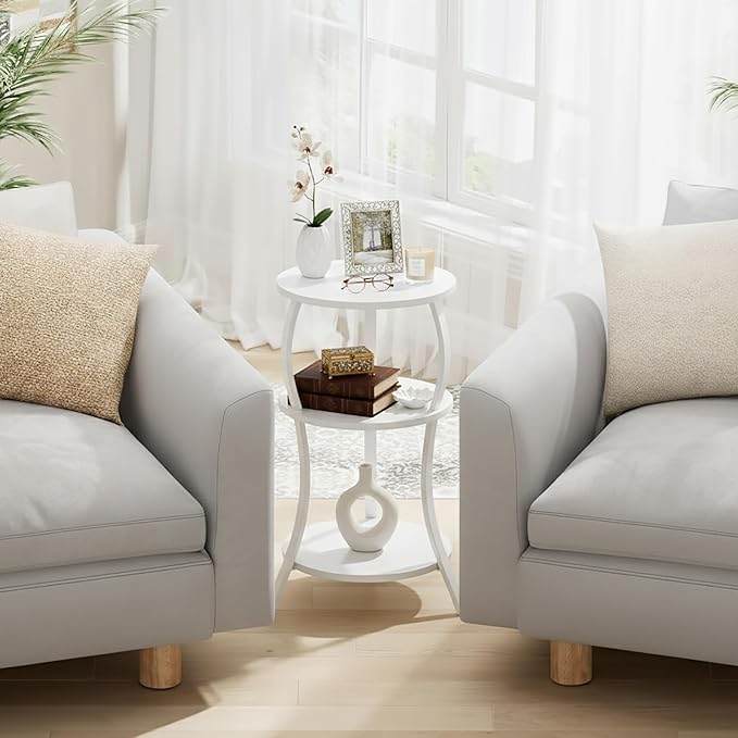 Vintage Small Round Side Table, 3-Tier Slim Waist Circular End Table with Storage Shelf, Compact Tea Sofa Table, Round Corner Coffee Table Nightstand for Living Room Bedroom Small Spaces,White