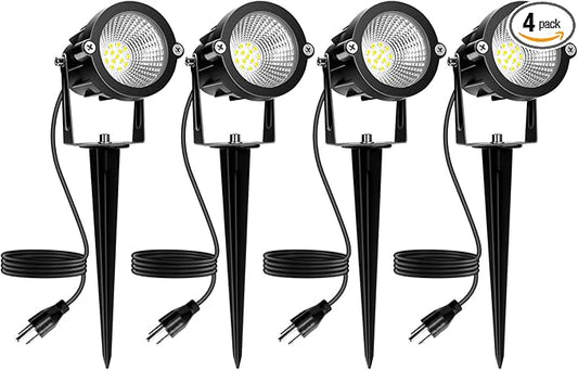 Outdoor Spotlight Cool White 6000K, 10W LED Spot Lights Outdoor for Yard Garden Tree, 120V Plug in Landscape Lighting with IP65 Waterproof for Halloween Christmas Decor, 4 Pack