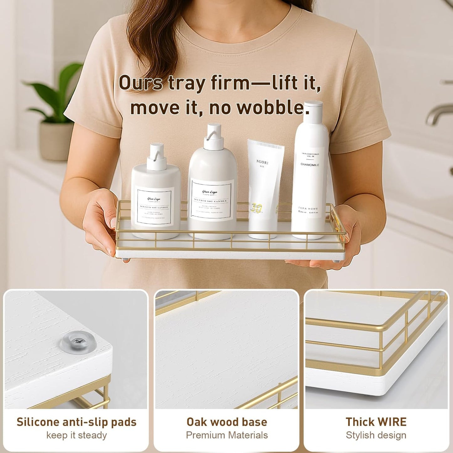 Toilet Paper Basket Organizer – Oak Wood Toilet Tank Tray with Metal Frame, Back of Tank or Top Bathroom Counter Storage – Gold & White Modern Decor