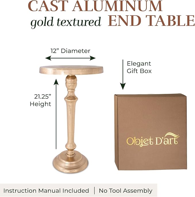 OBJET D'ART Small Round Gold End Tables, Portree, 21'' Height, Vintage Metal Accent, Side, Pedestal, Coctail and Drink Tables for Living Room and Small Spaces