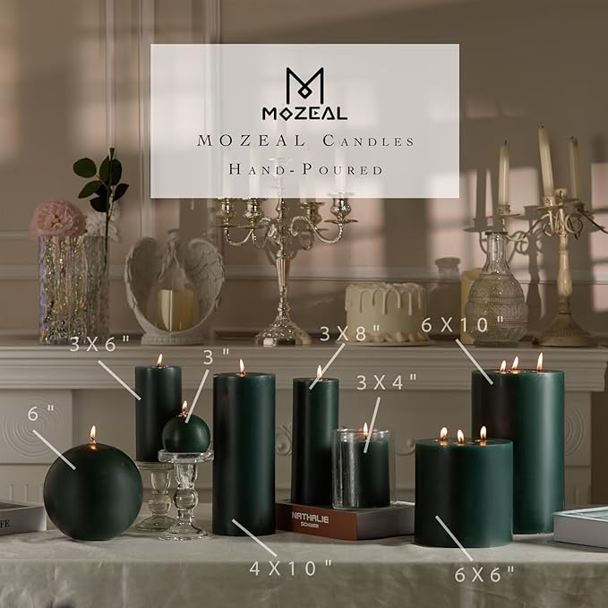 MOZEAL Hand-Poured, 3 Inch Dark Green Round Ball Candles - Elegant Dark Green Round Pillar Candles Set of 3, Dripless, Unscented, Smokeless, Ideal for Christmas Decor.