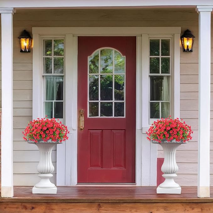 16 Bundles Artificial Flowers Outdoor Spring Summer Decoration Fake Silk Colorful Daisy Eucalyptus Realistic UV Outside Faux Plants for Garden Porch Window Box Home Decor Morning Glory Rose Red