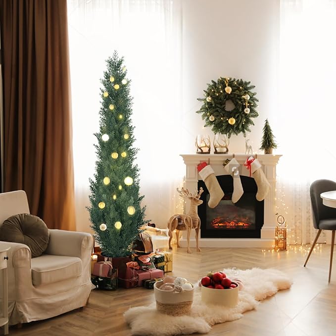 2 Packs 5ft Artificial Cedar Topiary Trees - Fake Boxwood Topiary Cypress Trees Potted Plants, Artificial Plants Shrubs for Home Indoor Outdoor Garden Porch Decor