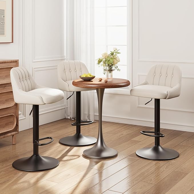Bar Stools Set of 3, Swivel Bar Chairs, Modern Adjustable PU Leather Upholstered Barstools Counter Height with Tufted Back for Bar, Kitchen Counter Island, Dining Room, Beige
