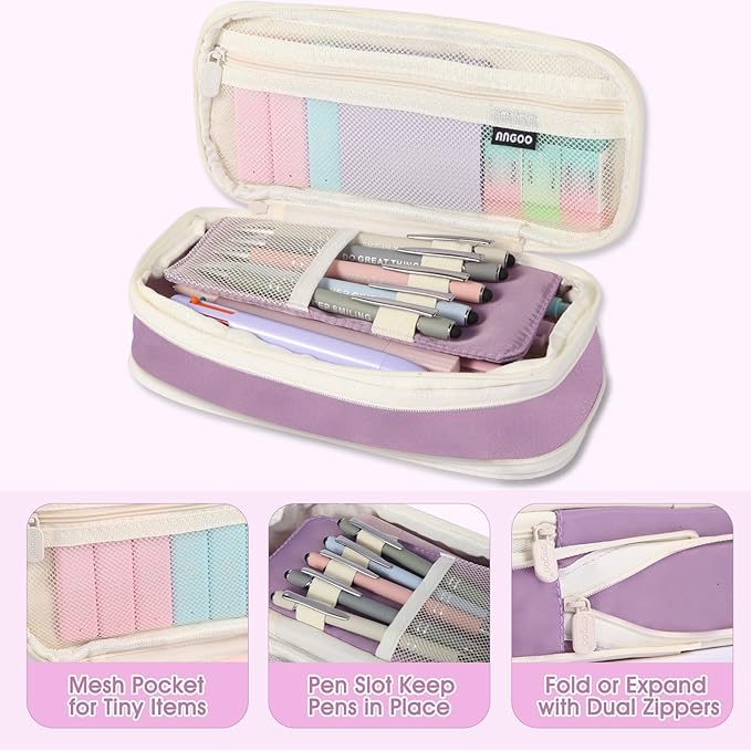 56 PCS Aesthetic School Supplies Cute Stationary Set with Large Pencil Case, Inspirational Ballpoint Pens, Highlighters, Black Ink Gel Pens,Mechanical Pencils 0.5-0.7mm, Student Essentials（purple）