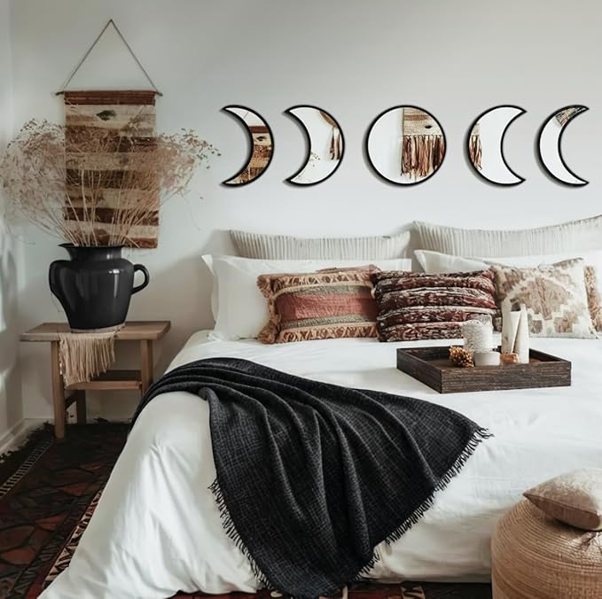 Stylish Moon Phase Wall Mirrors Set – 5-Piece Decorative Acrylic Bohemian Mirrors for Home Decor, Living Room & Bedroom Room(Black)