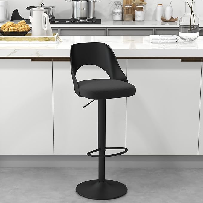 civama Bar Stools 1 PC for Kitchen Counter, Seat Height Adjustable 25''-33'', Modern Upholstered Swivel Island Chairs with Hollow Backrest Metal Base, Black Cotton Linen Fabric with Black Base