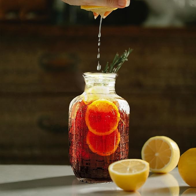 Bedside Water Carafe and Glass Set for Bedroom Nightstand, Bedside, Ticked Glass Mouthwash Decanter for Bathroom, Water Pitcher Set 18.5 oz (Knitted Pattern)