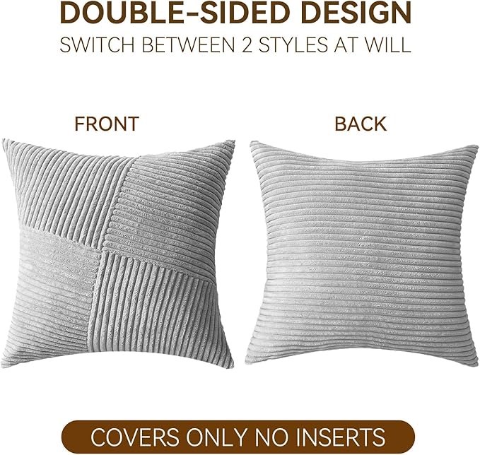 Decorative Throw Pillow Covers 16x16 Inch Set of 2 for Boho Living Room Farmhouse Home Decor, Spring Pillow Covers for Couch Bed, Soft Corduroy Striped Patchwork Cushion Cases, Light Gray