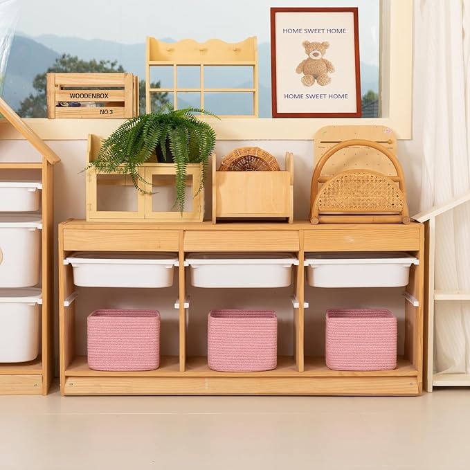 OIAHOMY 9”x9”x7” Storage Cubes, Cotton Rope Woven Baskets for Organizing, Cube Storage Bin, Small Gift Basket for Shelf, 3-Pack, Pink