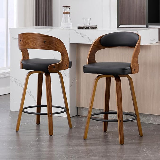 Swivel Bar Stools Set of 2, Walnut Counter Height Bar Stools with Back and Arms, 26" Modern Faux Leather Upholstered Bar Chairs with Bentwood Frame for Kitchen Island Bar - Black