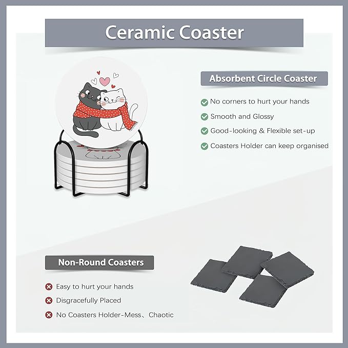 6 Pcs Coasters for Drinks with Holder,Sweet Cat in Love Cute Absorbent Coaster with Cork Backing,Great Gift for Housewarming,Room Decor,Bar,Holiday Party