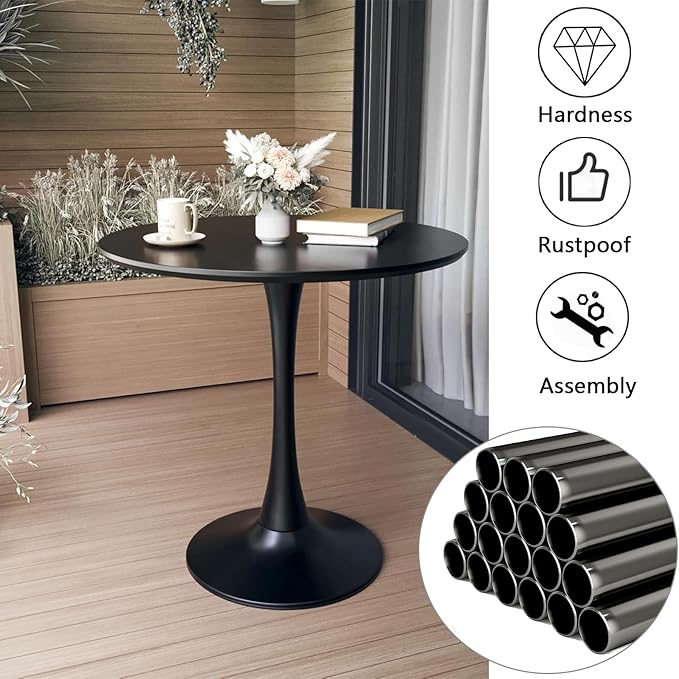 Round Black Dining Table, 31.5" Tulip Table with Pedestal Base, Black Dining Table for 1-4 Person, Mid-Century Leisure Table for Kitchen, Living Room
