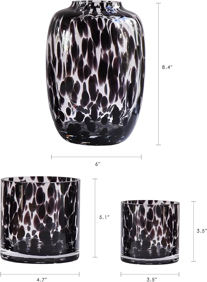 CONVIVA Decorative Glass Vase and Candle Holder Set, Fall Home Decor 3-Piece, Black Tortoise Pattern