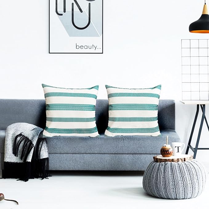 Decorative Throw Pillow Covers Set of 2 Teal Blue Boho Striped Pillow Covers 16x16 Inch Throw Pillow Cover Linen Pillowcase Farmhouse Outdoor Pillow Covers for Couch Sofa Bed Living Room