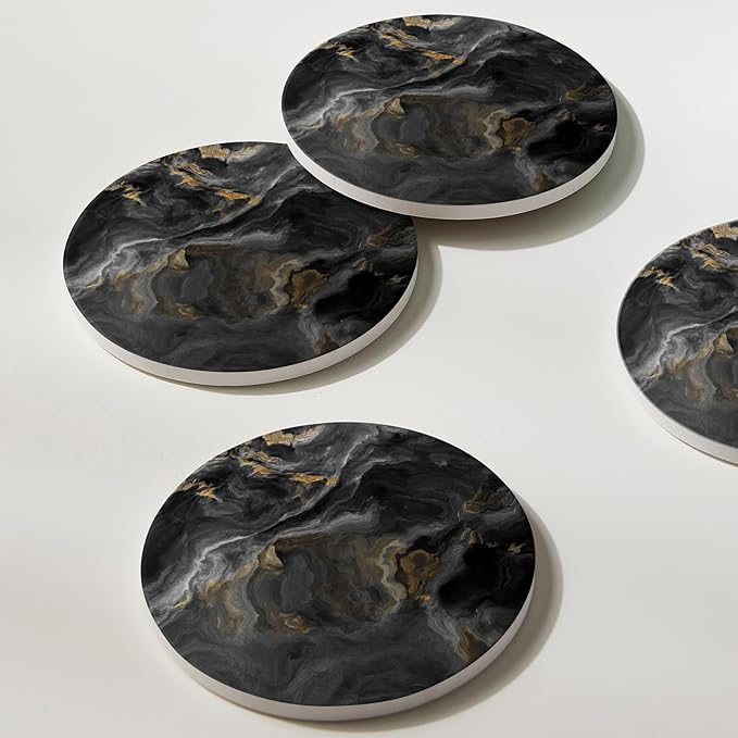 Set of 6 Abstract Black Marble Coasters with Holder, Absorbent Ceramic Coasters for Drinks, Coasters with Cork Backing for Table Protection, Housewarming Gifts for New Home