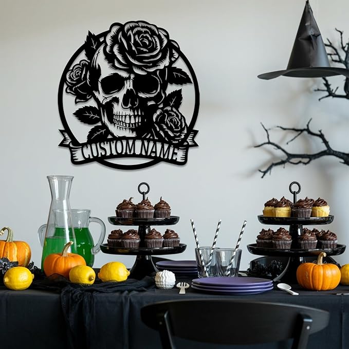 Personalized Skull and Rose Metal Sign, Custom Name Gothic Rose Decor for Garage, Man Cave, Motorcycle Club, Halloween Party, Custom Halloween Metal Wall Art, Spooky Skeleton Home Decor