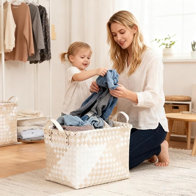 15L Laundry Baskets Waterproof Storage Baskets For Shelves Large Laundry Hamper With Leather Handle -set of 6 Cube Organizers Woven Bins for Bathroom,Bedroom,Pantry,Clothes,Car & Towels-Beige