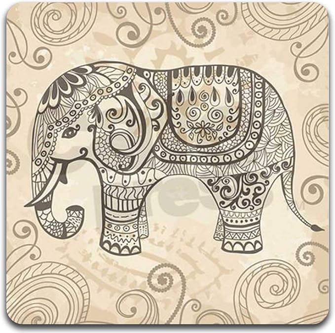 Hand Drawn Elephant Square Coaster Set - Made of Recycled Rubber - Set of 4