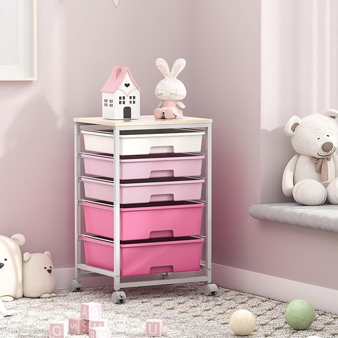 Utility Cart with 5 Drawers,Storage Drawer Cart with Wooden Tabletop and Lockable Wheels,Craft Storage Trolley Cart,5-Tier Rolling Utility Cart on Wheels,Rose Pink