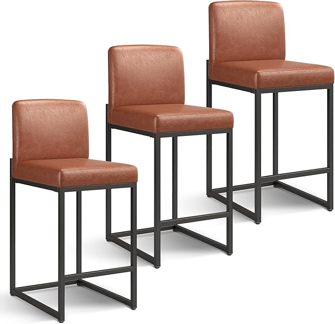 PHI VILLA Bar Stools Set of 2 - Counter Height 24'' Bar Stool Pu Leather Kitchen Modern Bar Chairs, Bar Stools with Back