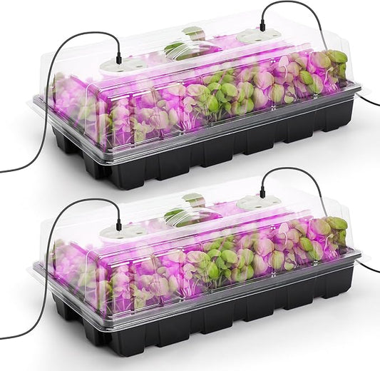 MIXC Seed Starter Tray with Lights, 2 Packs Mini Propagator Plant Grow Kit Greenhouse with Humidity Vented Domes and Base for Seeds Starting, Black