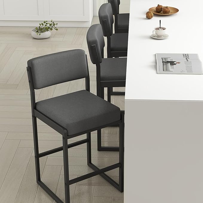 Mid Century Modern Counter Height Bar Stools Set of 3, 26" Bar Height Chairs with Backs, Upholstered Counter Stools, Metal Barstools for Kitchen Island (Darkgray- Fabric, 26" H - Set of 3)