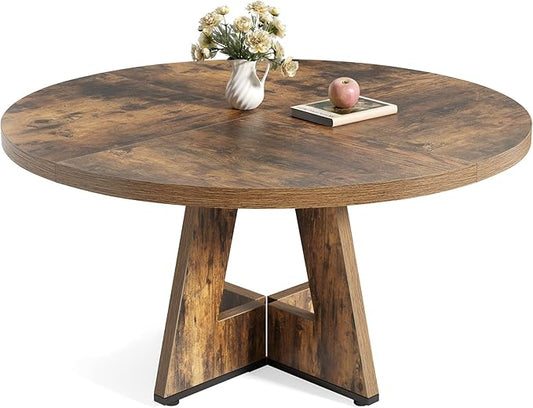 LITTLE TREE Round Dining Table for 4-6 People, 47 Inches Dining Room Table with Wooden Pedestal Base, Circle Kitchen Tables for Dining Room, Kitchen, Living Room, Rustic Brown