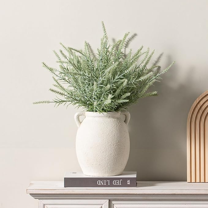 Ceramic Flower Vase 7.6 inch Farmhouse Rustic Vase Decorative Pottery Terracotta Vases for Home Decor Table Mantle Fireplace Living Room Bathroom Wedding Centerpiece (White-Upgraded)