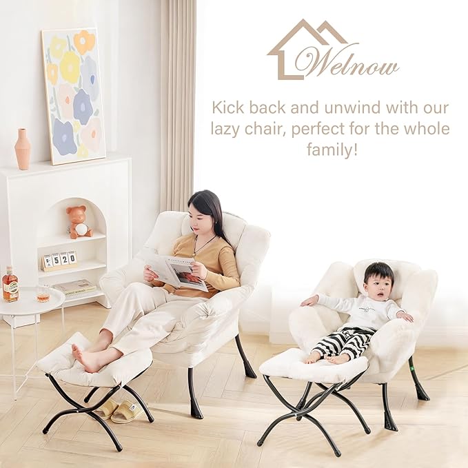 Welnow Lazy Chair with Ottoman, Modern Lounge Accent Chair with Armrests and a Side Pocket, Leisure Sofa Armchair, Reading Armchair with Footrest for Small Space, Beige