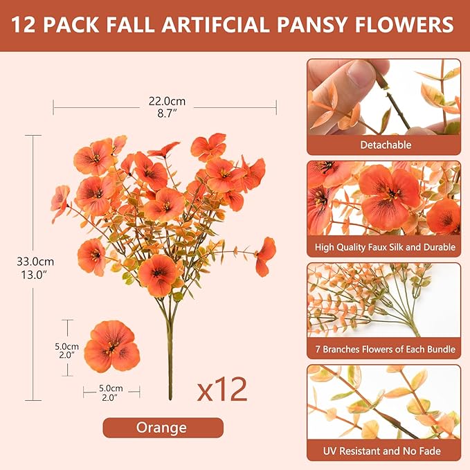 Artificial Fall Flowers for Outdoor, 12 Bundles Faux Pansy Fake Mums Flowers Plants Outdoor Fall Decor, UV Resistant No Fade Silk Flower for Autumn Porch Planter Patio Windowbox Yard Garden(Orange)