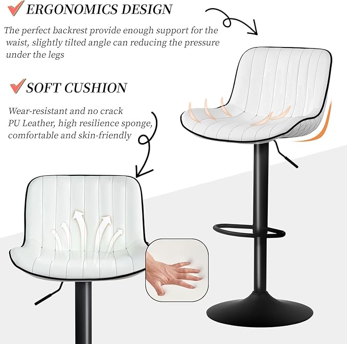 YOUNUOKE Bar Stools Set of 2, Adjustable Swivel Counter Height Chairs with Back, White PU Leather Upholstered Barstools for Kitchen Island Home Bar