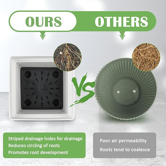 6-Pack 7'' Square Planters with Built-in Drainage Tray – Heavy-Duty Plastic Pots with Drainage Holes and Bottom Stopper, BPA-Free White Matte Planter Stackable for Indoor Plants, Herbs, Flowers