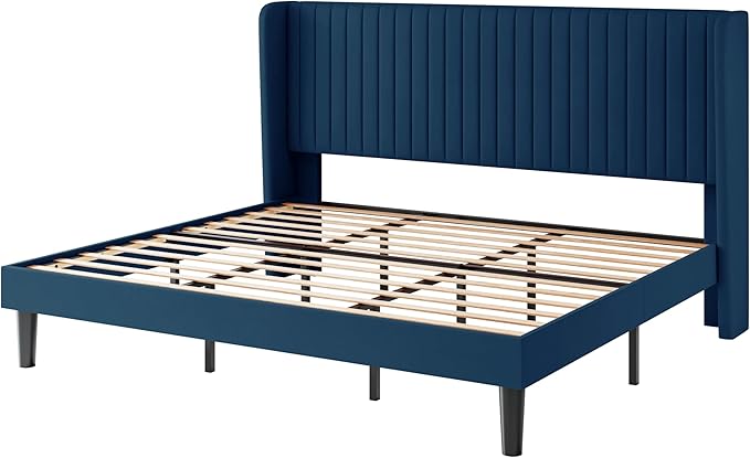 SHA CERLIN King Size Velvet Bed Frame with Vertical Channel Tufted Wingback Headboard, Upholstered Platform Bed with Wood Slats, No Box Spring Needed, Easy Assembly, Blue