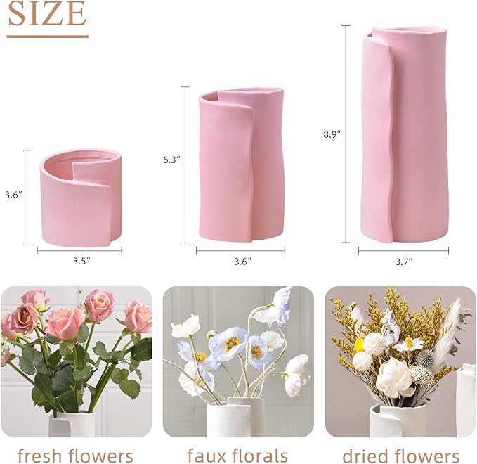 Pointnio Pink Ceramic Flower Vase Set of 3,Small Origami Flower Vases for Room Decor,Modern Boho Farmhouse Vase,Decorative Vases for Home Decor,Living Room, Kitchen, Bedroom
