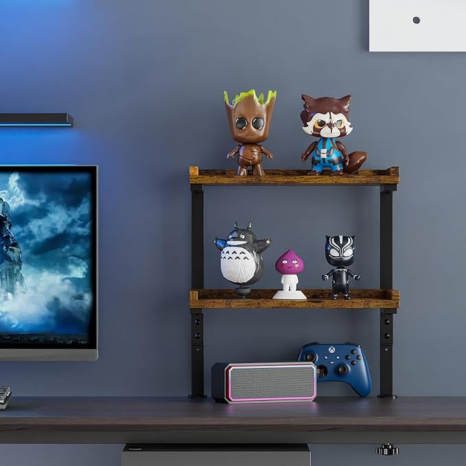 Clamp On Desk Shelf 2-Tier, 12.5 inche Wood Shelving Unit for Office Desk/Gaming Accessories, Tabletop Book Storage Rack, Shelf for Top & Under of Desk, Brown