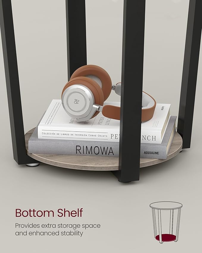 VASAGLE Round Side End Table, 2-Tier Accent Bedside Table with Storage Shelf, Easy Assembly, Nightstand for Small Spaces, Living Room, Bedroom, Heather Greige and Ink Black ULET057B02