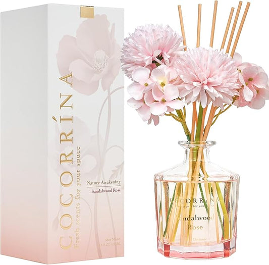COCORRÍNA Reed Diffuser - Sandalwood Rose 8.5oz Flower Reed Diffuser Set with 8 Sticks, Home Fragrance Reed Diffuser for Home Bedroom Office Bathroom Shelf Decor (Master Collection)