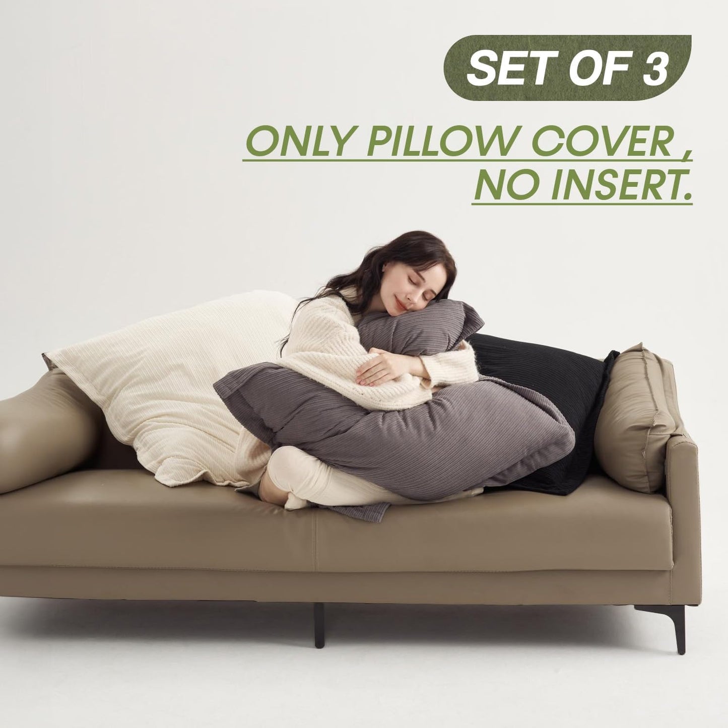 Ultra Large 30x30 Inch Throw Pillow Covers - Trio Set in Pitch Black, Pure White & Gray | Striped Corduroy | Easy Care | Perfect for Children's Playrooms, Nurseries & Family Rooms