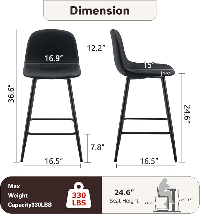 Black Bar Stools Set of 4,Faux Leather Counter Height Bar Stools,24.6" Bar Chairs with Back Metal Footrest,Modern Counter Stool with Back and Footrest for Kitchen Island Restaurants Pubs