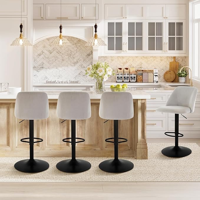 COLAMY Bar Stools Set of 4, Modern Swivel Bar Chairs, Adjustable Upholstered Barstools Counter Height with Full Backrest for Bar, Dining Room, Kitchen Island, Grey