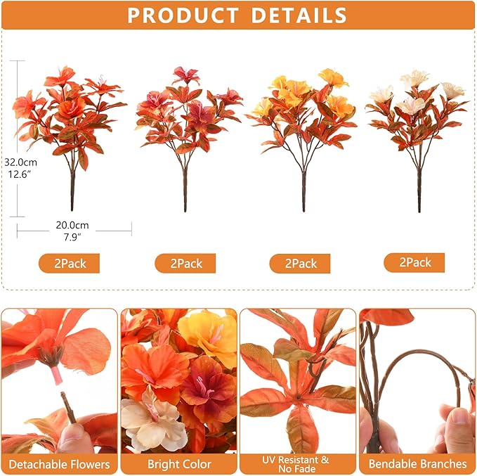 Artificial Fake Fall Flowers for Outdoor Decor 8 Bundles UV Resistant Artificial Plants Outdoor Look Real Faux Silk Autumn Flowers for Porch Planters Garden Yard Decorations