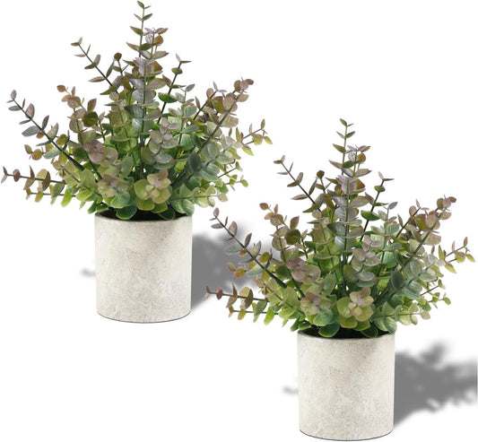2 Pack Small Fake Plants Christmas Plants Eucalyptus Potted Artificial Plants for Home Indoor Fireplace Mantel Shelf Desk Home Bathroom Farmhouse Room Coffee Christmas Table Decor Xmas Decor (Purple)