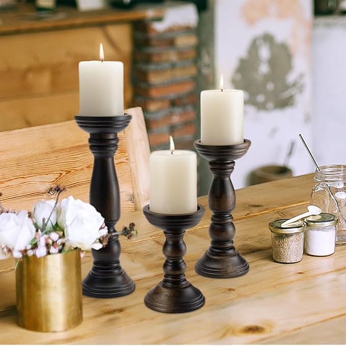 Farmhouse Wooden Candle Holders for Pillar Candles Set of 3, Rustic Wood Candle Holder Table Centerpiece Decor, 12'' 9'' 6'' Vintage Tall Candle Stand Decorative, Dark Brown