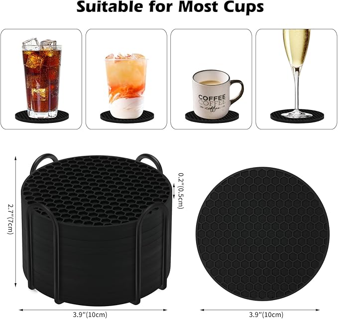Silicone Coasters Set of 12 with Holder,Coasters for Drinks,Beer,Coffee Coasters,Suitable for Kinds Cups,Hot or Cold,Anti-SLI,Non-Stick,Anti-Overflow Tabletop Protection and Decor (12 Pcs, Black)