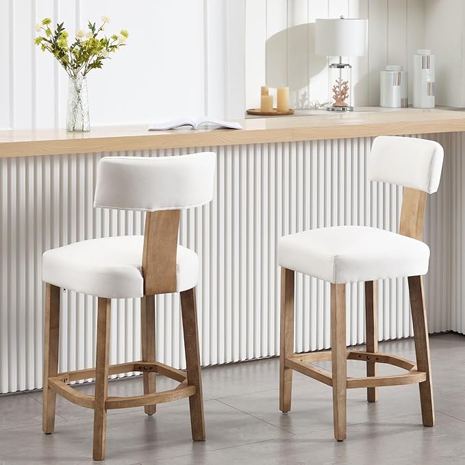 Linen Bar Stools Set of 2, Upholstered 27.7'' Counter Height Barstools with Curved Back, Farmhouse Wood Bar Chairs for Breakfast, Kitchen Island, Cafe, Cream